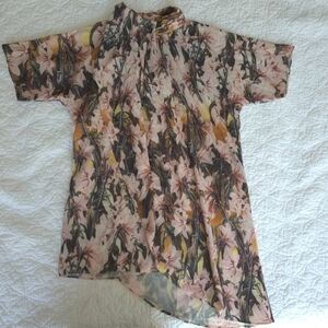 Isabel Marant Silk Blend Floral Mock Neck Short Sleeve Draped FlowingBlouse